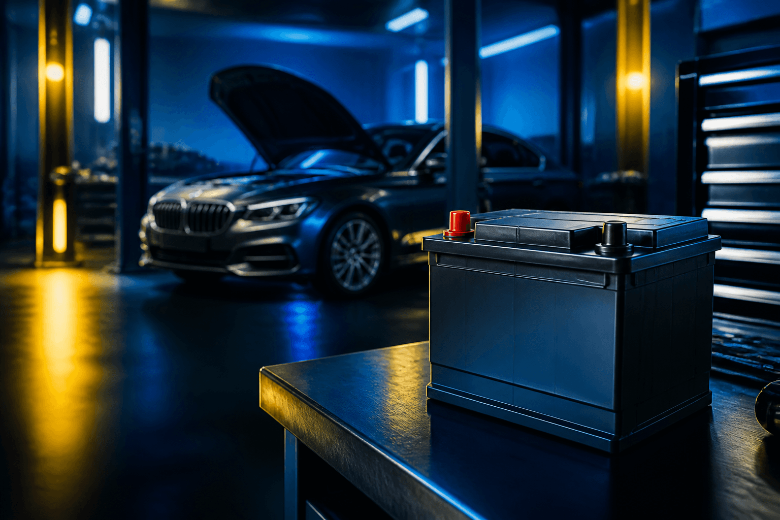 Bateria automotiva premium em ambiente de oficina