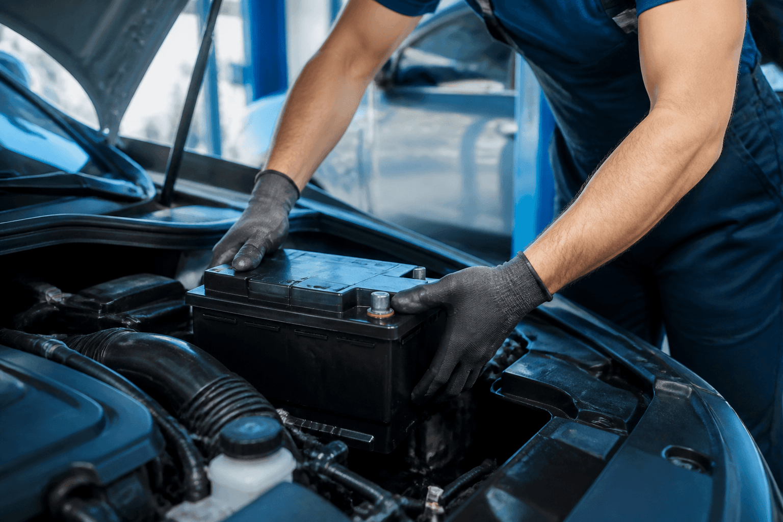 Técnico instalando bateria automotiva