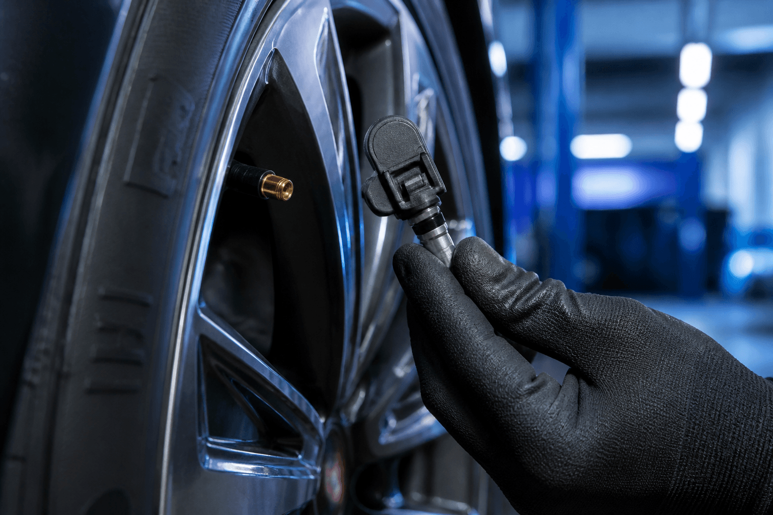 Instalação de sensor TPMS em roda automotiva
